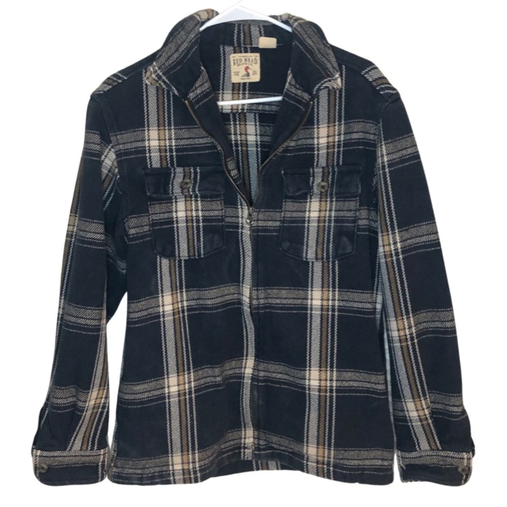 Vintage Zip Up Plaid Flannel Shacket Blue and Brown Shirt Jacket